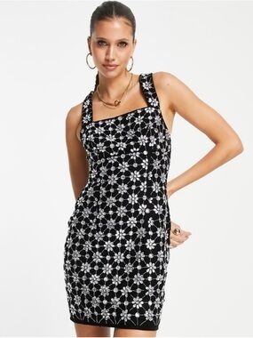 ASOS Design Slip Encrusted Velvet Slip Mini Dress With Floral Gems Size 10